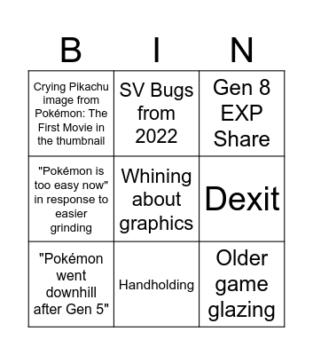"Pokémon is bad now" Rant Bingo Card