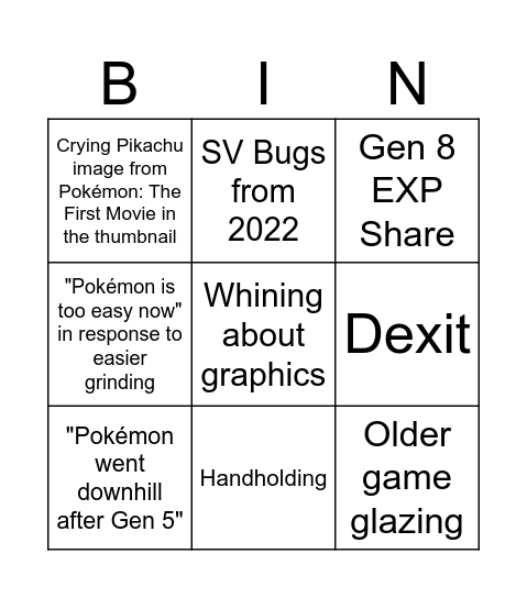 "Pokémon is bad now" Rant Bingo Card