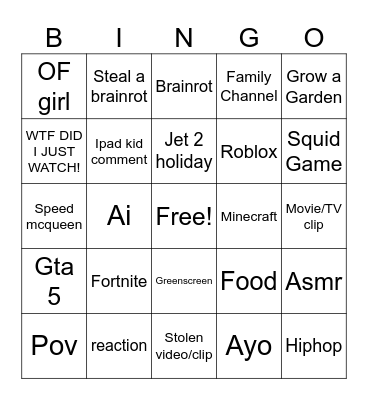 Yt Shorts Bingo Card