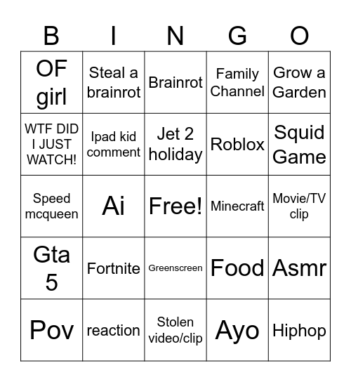 Yt Shorts Bingo Card