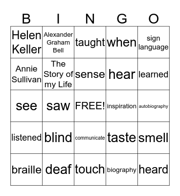 Helen Keller Bingo Card