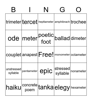 Poetic structure Bingo Card