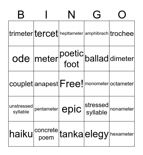 Poetic structure Bingo Card