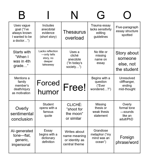 Essay Writing Finds Bingo Card