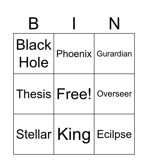 Rng Bingo Card