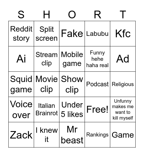 YouTube shorts Bingo Card