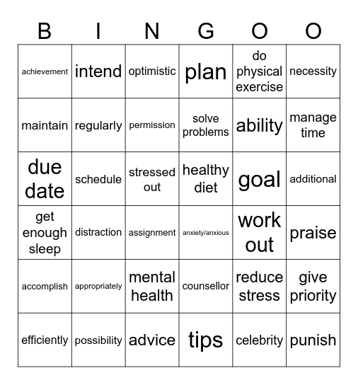 Unit 3 : Healthy living for teens Bingo Card