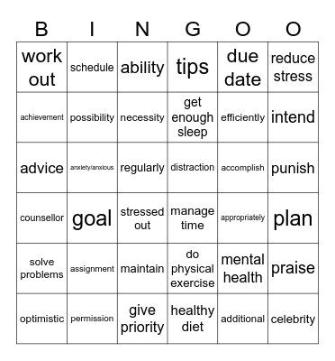Unit 3 : Healthy living for teens Bingo Card