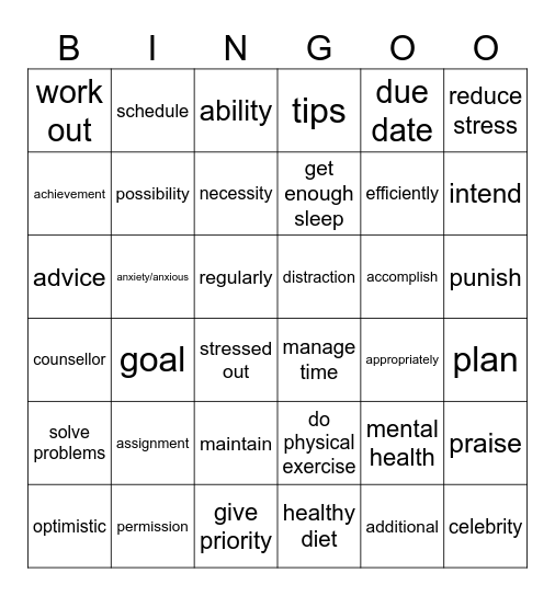 Unit 3 : Healthy living for teens Bingo Card