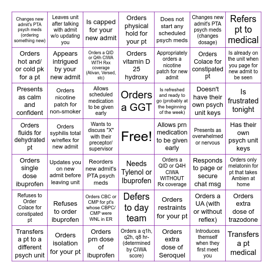 New Resident Bingo Card