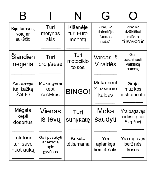 Krikštynų BINGO Card