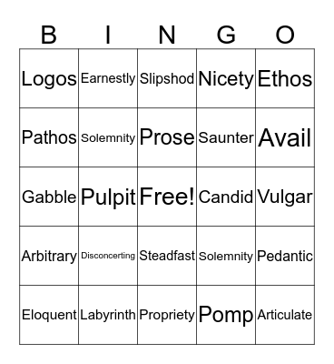 Vocabulary 2 Bingo Card