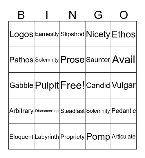 Vocabulary 2 Bingo Card