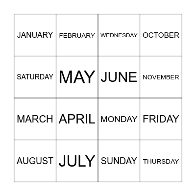 Days and Months Bingo Card
