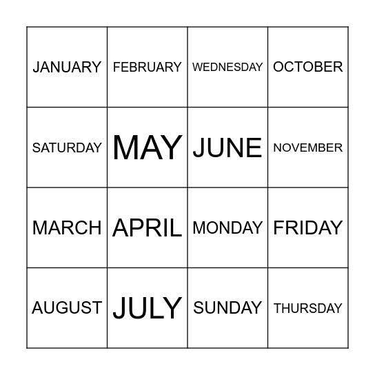 Days and Months Bingo Card