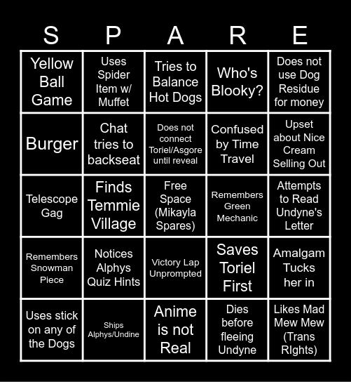Mikayla's Pacifist Run Stream Bingo Card