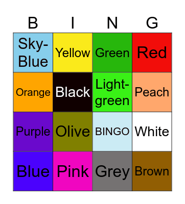 Colours Bingo Card