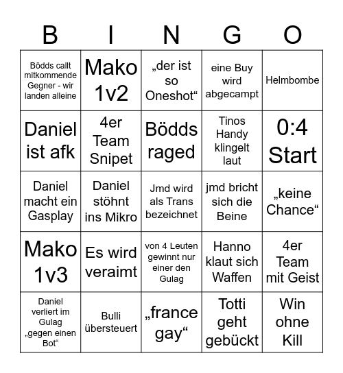 Warzone Bingo Card