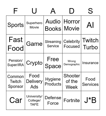 AD BINGO BOARD Bingo Card