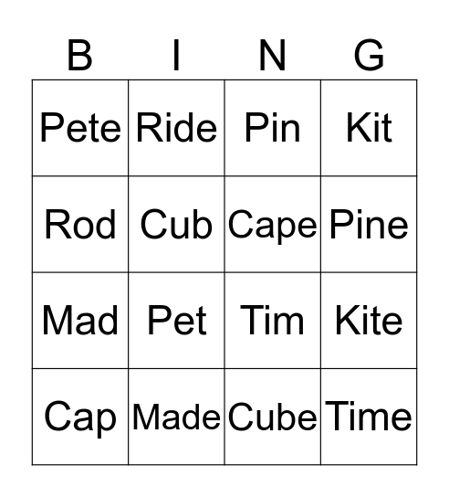 MAGIC E WORDS Bingo Card