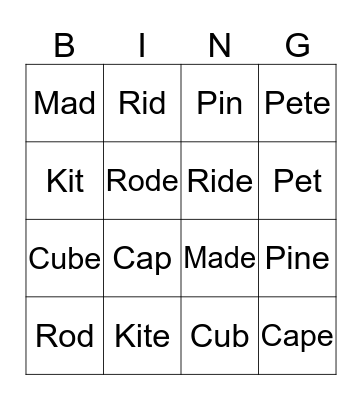 MAGIC E WORDS Bingo Card