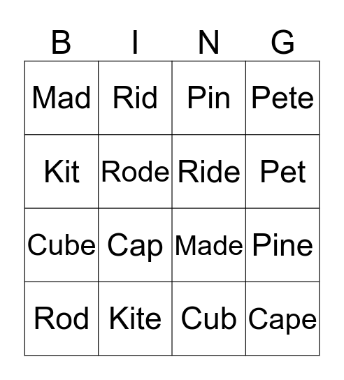 MAGIC E WORDS Bingo Card