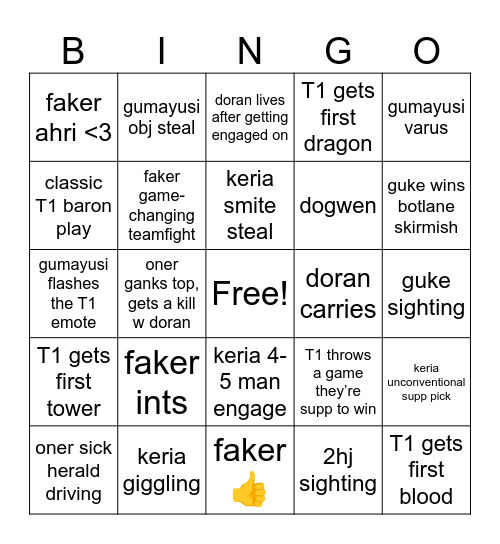 LCK T1 bingo Card