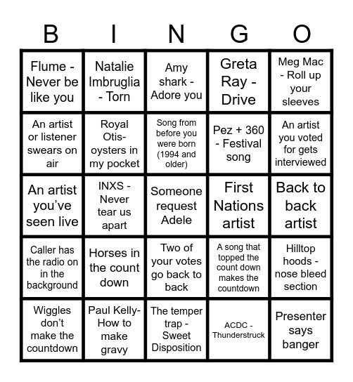 HOTTEST 100 AUSTRALIAN SONGS Bingo Card