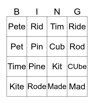 MAGIC E WORDS Bingo Card