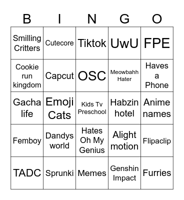 Unfunny Fandom kid bingo Card