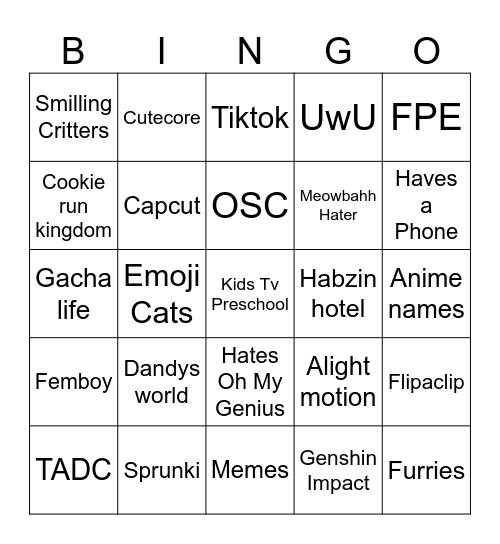 Unfunny Fandom kid bingo Card
