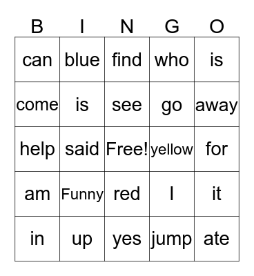 Kindergarten Bingo Card