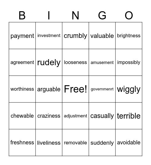 Suffix bingo Card