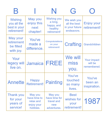 Annette's Retirement Bingo Card