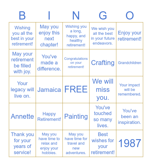 Annette's Retirement Bingo Card