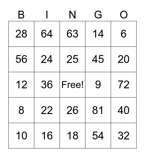 Multiplication Facts to 10 Bingo Card