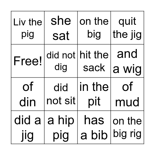 Liv the Pig Bingo Card