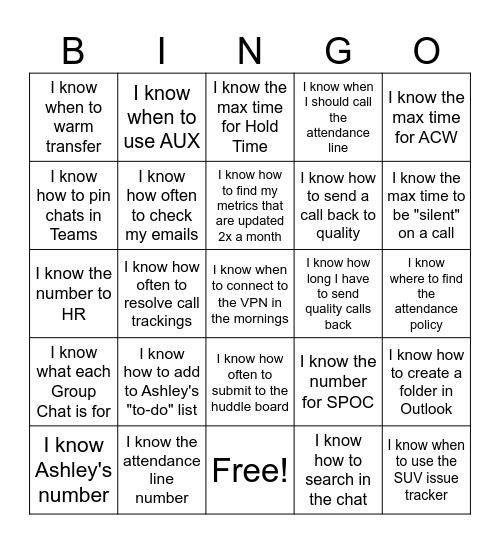 Team Morris Bingo Card