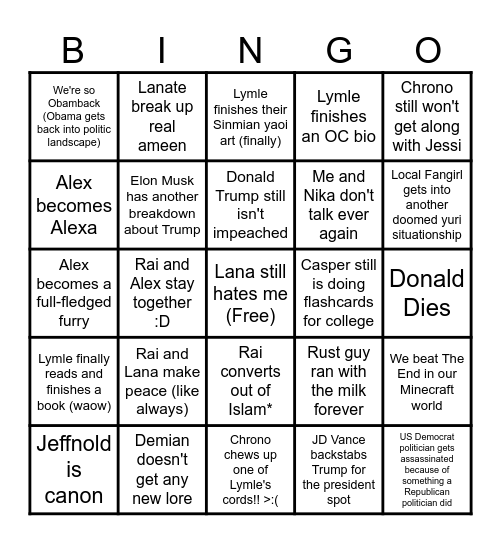 Pre-2026 Prediction Sillies Bingo Card