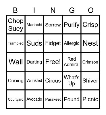 Cool Words Bingo Card