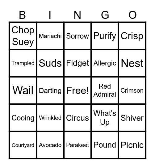 Cool Words Bingo Card