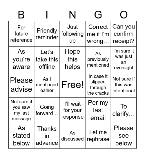 passive-agressive email Bingo Card