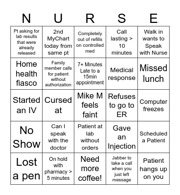 Nurse Bingo Card