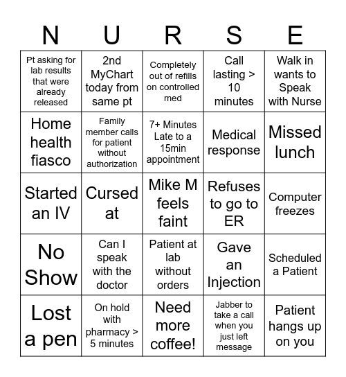 Nurse Bingo Card