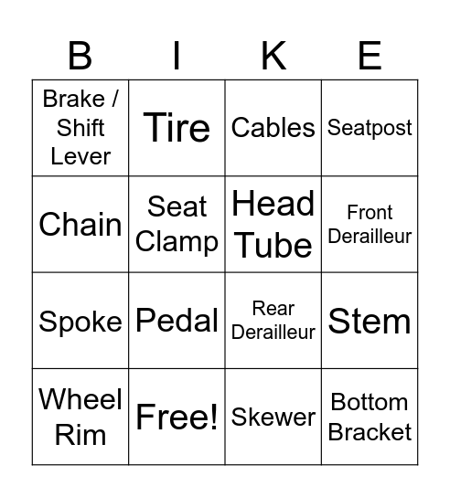 Bike Parts Bingo Card