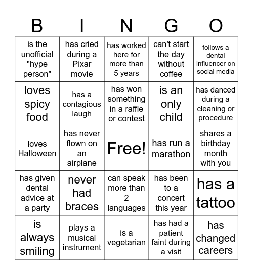 Personality Bingo! Find someone who... Bingo Card