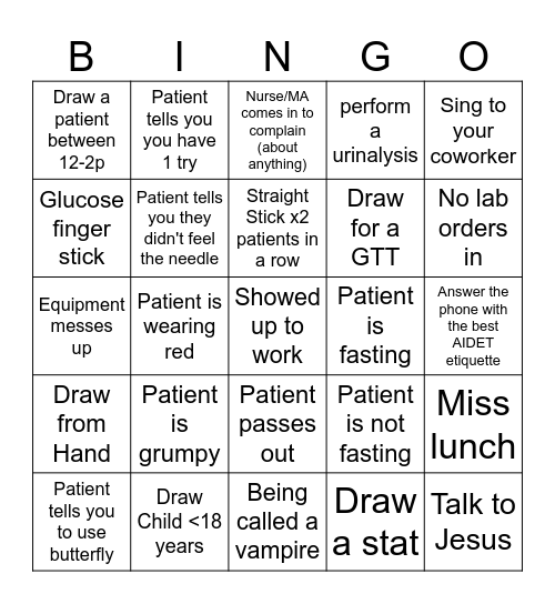 Phlebotomist Bingo Card