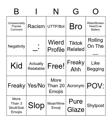 Youtube Comments Bingo Card
