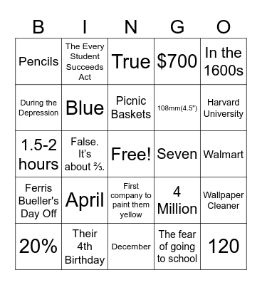 Back to School Bingo Card