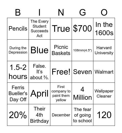Back to School Bingo Card